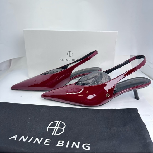 ANINE BING Hilda Slingback Pump in Burgundy red kitten heel shiny pointed toe - Picture 5 of 7